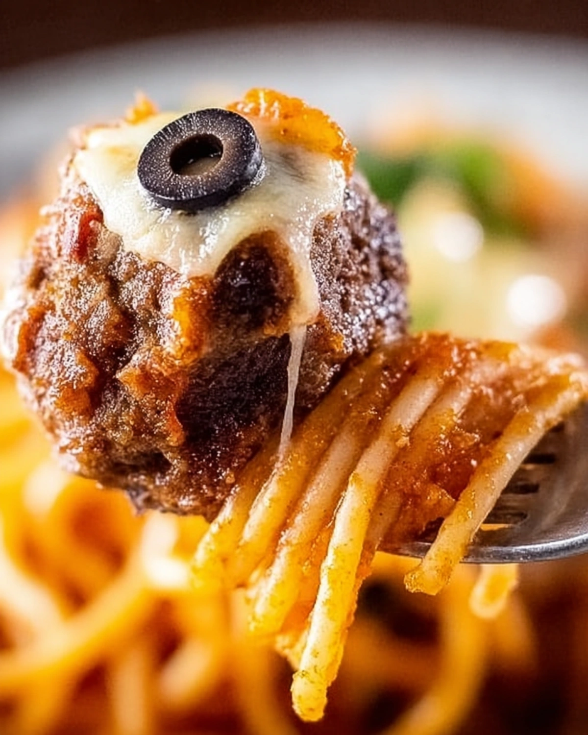 A forkful of spaghetti with a cheese-topped meatball and a black olive.