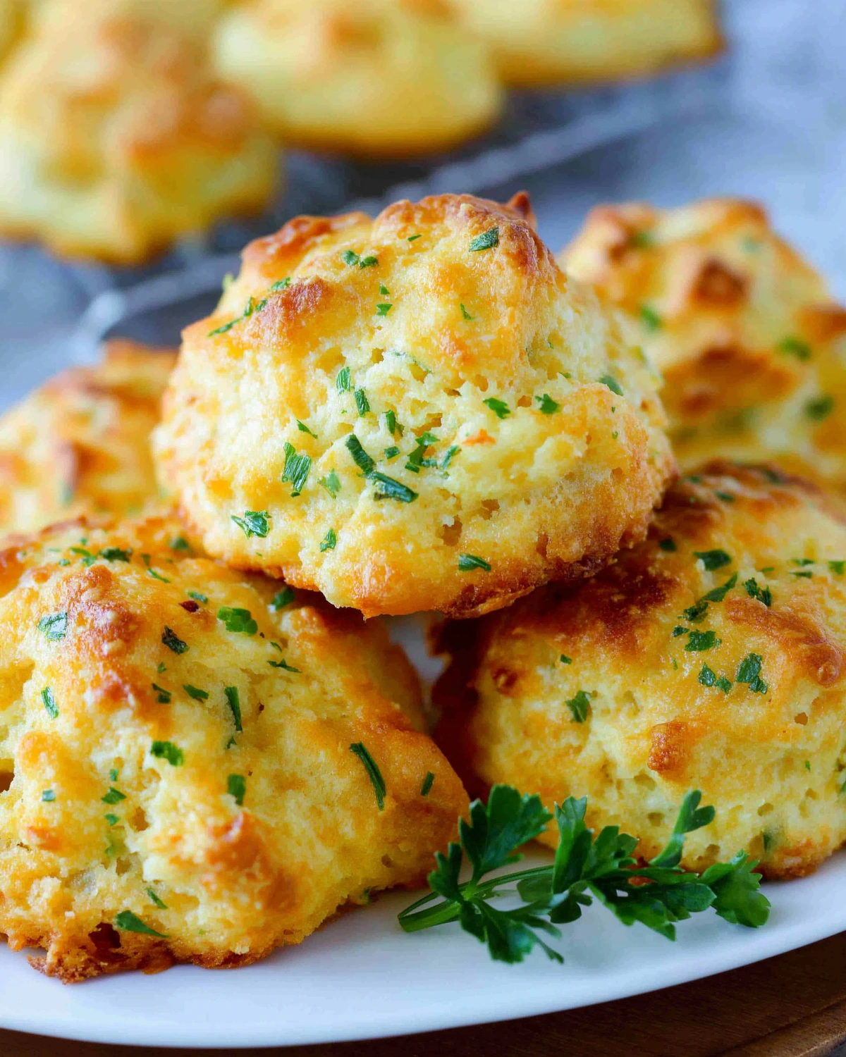 Cheesy garlic biscuits topped with herbs on a plate, fluffy golden baked savory muffins perfect for a homemade side dish