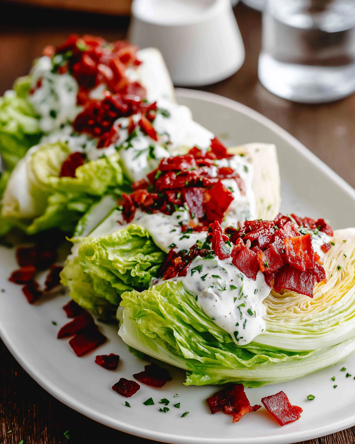 Iceberg wedge salad topped with creamy dressing, crispy bacon pieces, and herbs on a plate, classic fresh salad recipe.