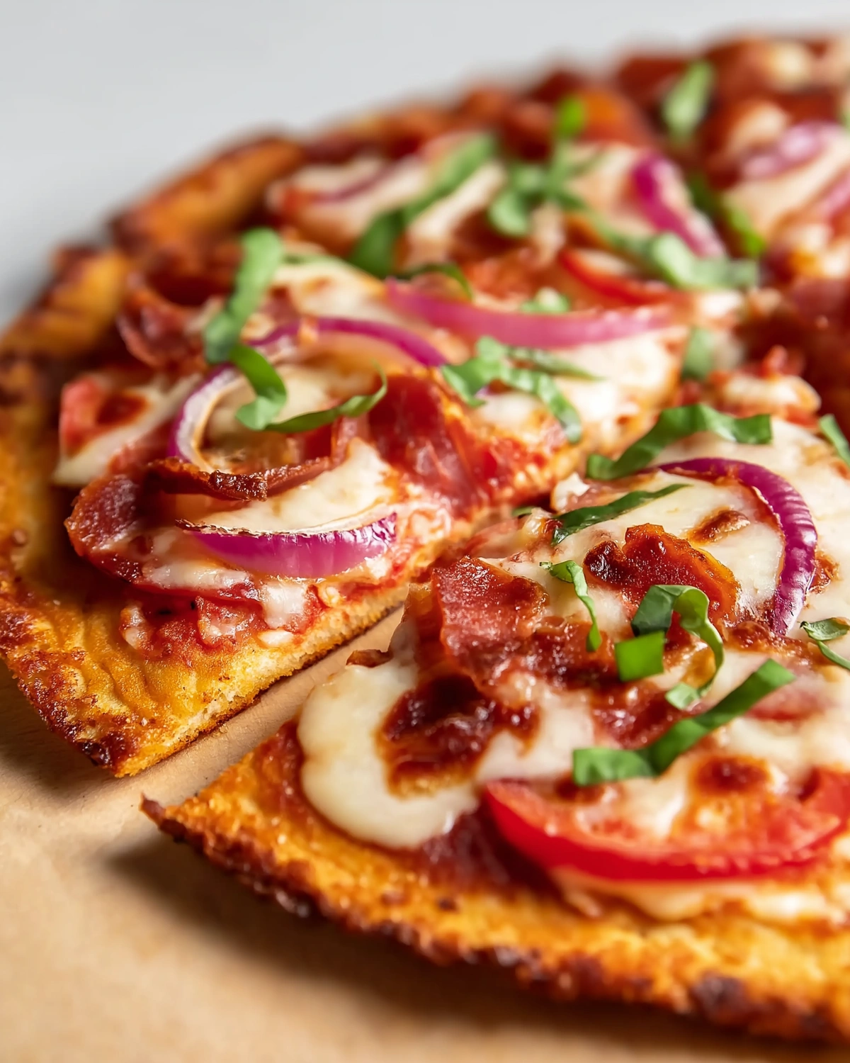 Low carb cauliflower crust pizza topped with melted mozzarella, bacon, red onions, tomatoes, and fresh herbs on a crispy golden crust. 🍕
