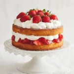 Strawberry shortcake layer cake with fresh strawberries and whipped cream filling on a white cake stand.