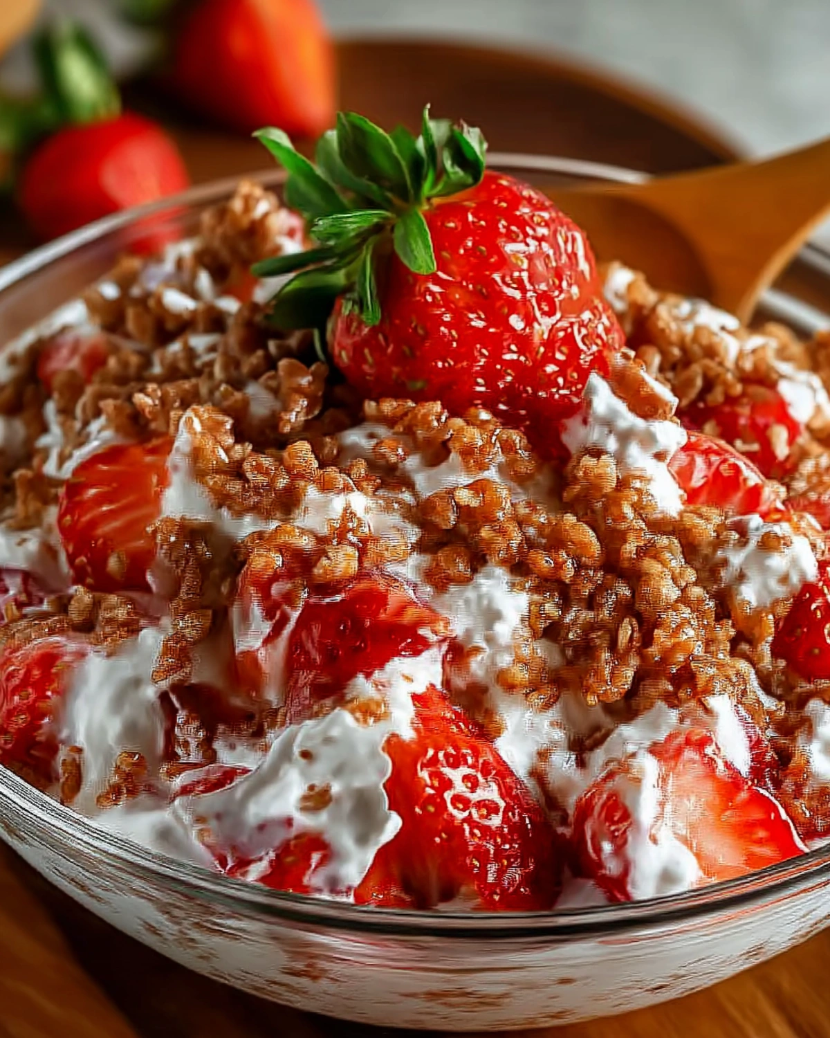 Strawberry yogurt granola bowl topped with fresh strawberries, creamy yogurt, and crunchy granola in a glass bowl for a healthy breakfast. 🍓🥣✨