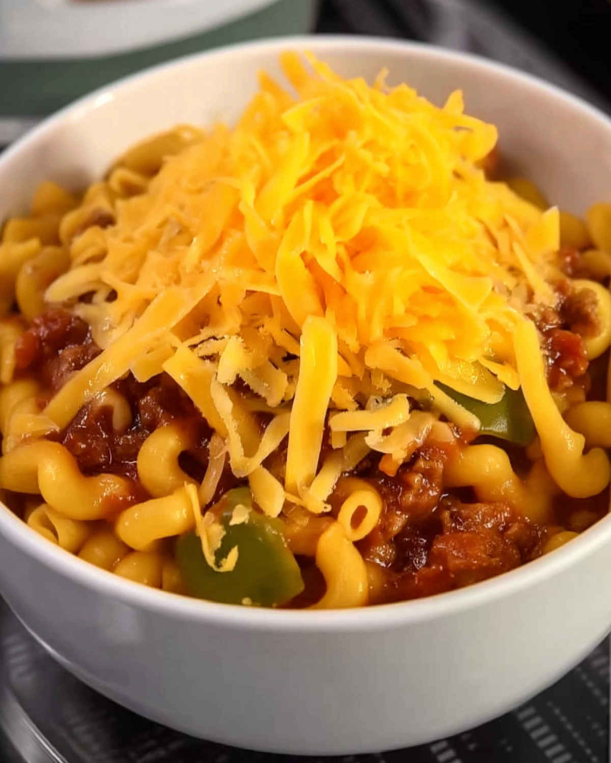 Cheesy chili mac in a bowl topped with shredded cheddar cheese, ground beef, elbow pasta, and bell peppers for a hearty comfort meal