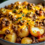 Cheesy ground beef and potato bake with melted cheddar cheese, tender potatoes, seasoned beef, and parsley garnish in a bowl