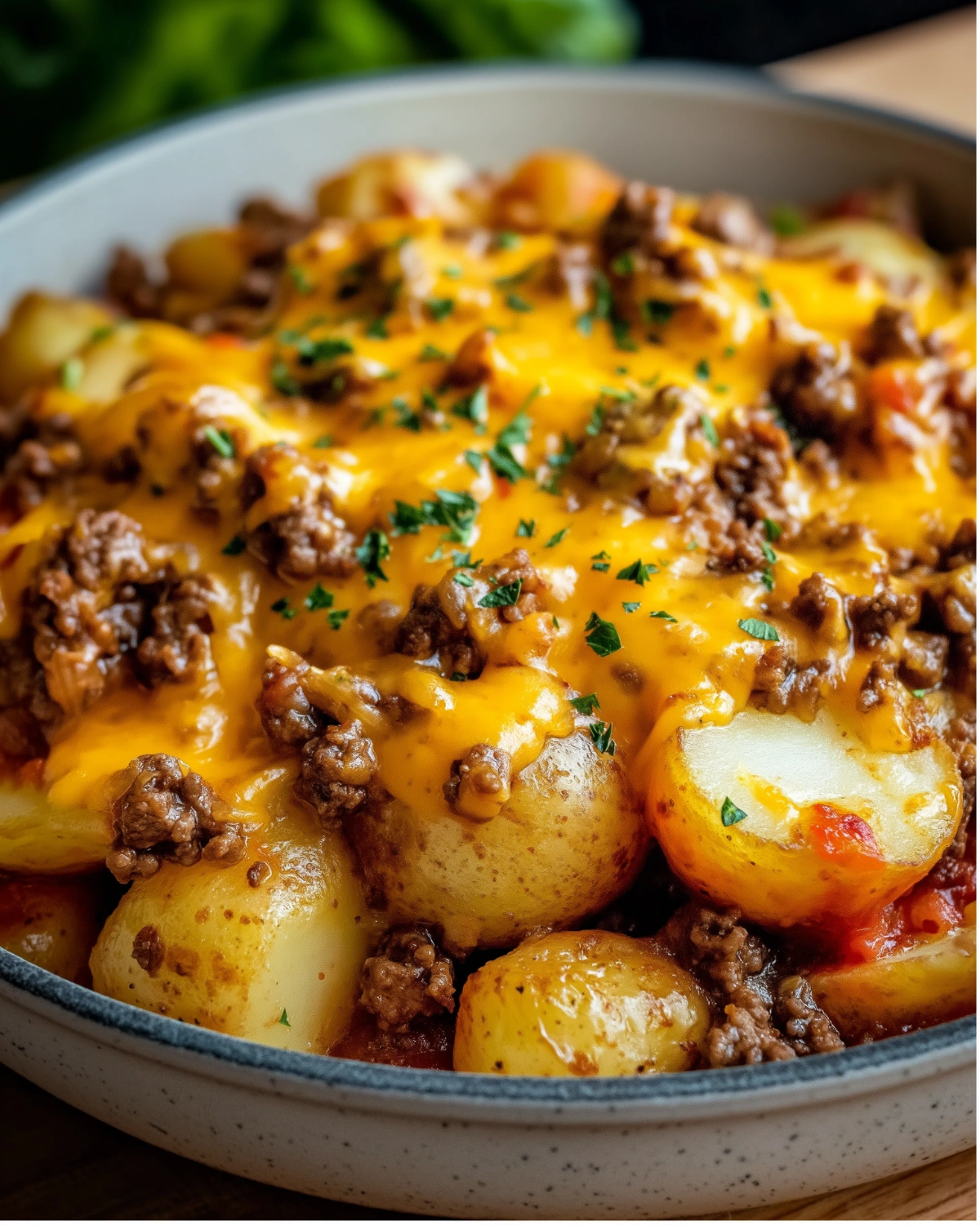 Cheesy ground beef and potato bake with melted cheddar cheese, tender potatoes, seasoned beef, and parsley garnish in a bowl