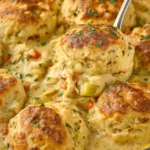Close-up of creamy chicken and dumplings with golden fluffy biscuits, tender chicken, and vegetables in a rich sauce garnished with herbs