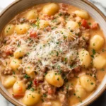 Creamy gnocchi with sausage, tomatoes, and parmesan cheese in a rich sauce served in a bowl