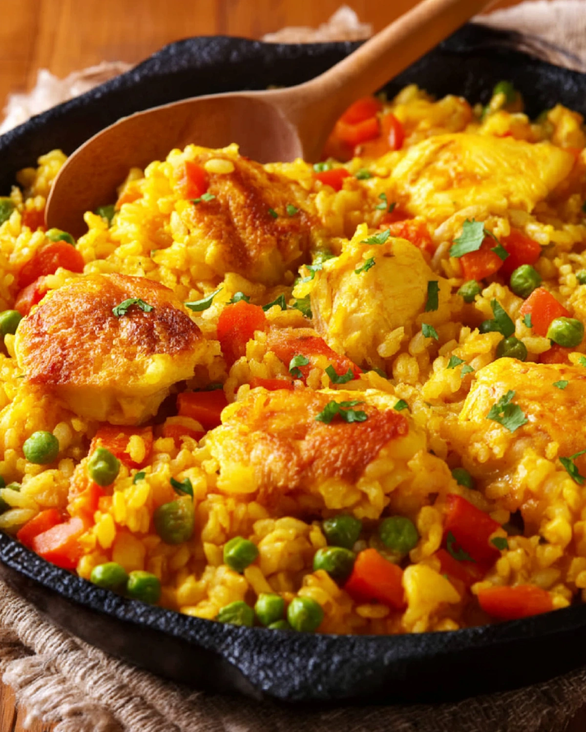 One pan chicken and rice skillet with golden seasoned rice, browned chicken pieces, peas, and diced red peppers in a cast iron pan