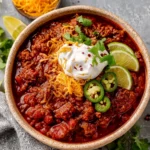Hearty homemade beef chili topped with shredded cheddar cheese, sour cream, jalapeño slices, lime wedges, and fresh cilantro in a bowl