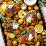 Sheet pan garlic herb chicken thighs with roasted baby potatoes, fresh rosemary, lemon slices, and creamy sauce on top