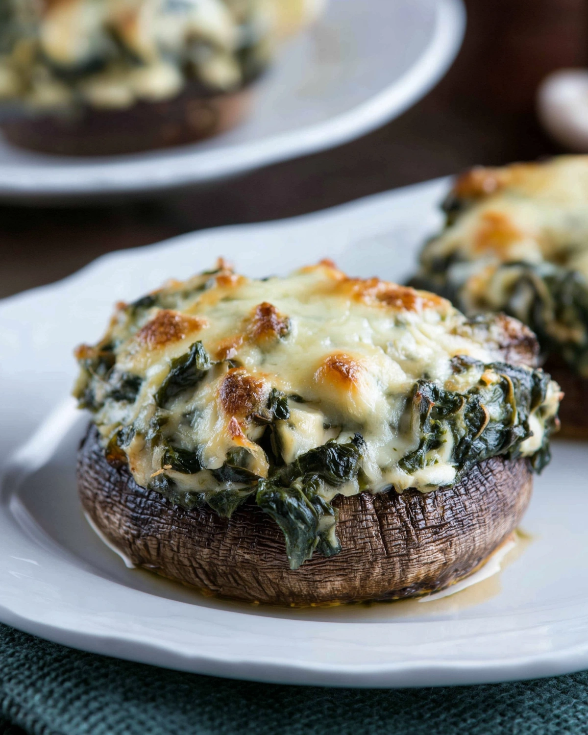 Baked portobello mushroom stuffed with creamy spinach and melted cheese, golden on top and served on a white plate