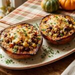 A roasted stuffed acorn squash half filled with Italian sausage, apples, and melted parmesan cheese on a blue plate.