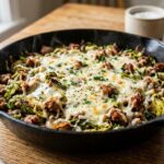 Raw ground pork sausage breaking apart and browning into crispy, savory crumbles inside a black cast iron pan