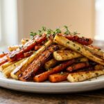 Raw carrots and parsnips sliced lengthwise into clean, even sticks on a rustic wooden cutting board with a chef knife.