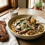 Easy Roasted Chestnut Soup served in a rustic bowl, featuring a creamy autumn soup recipe, roasted chestnut soup in pot, homemade chestnut soup ideas, and a comforting fall meal inspired by chestnut and salsify soup.