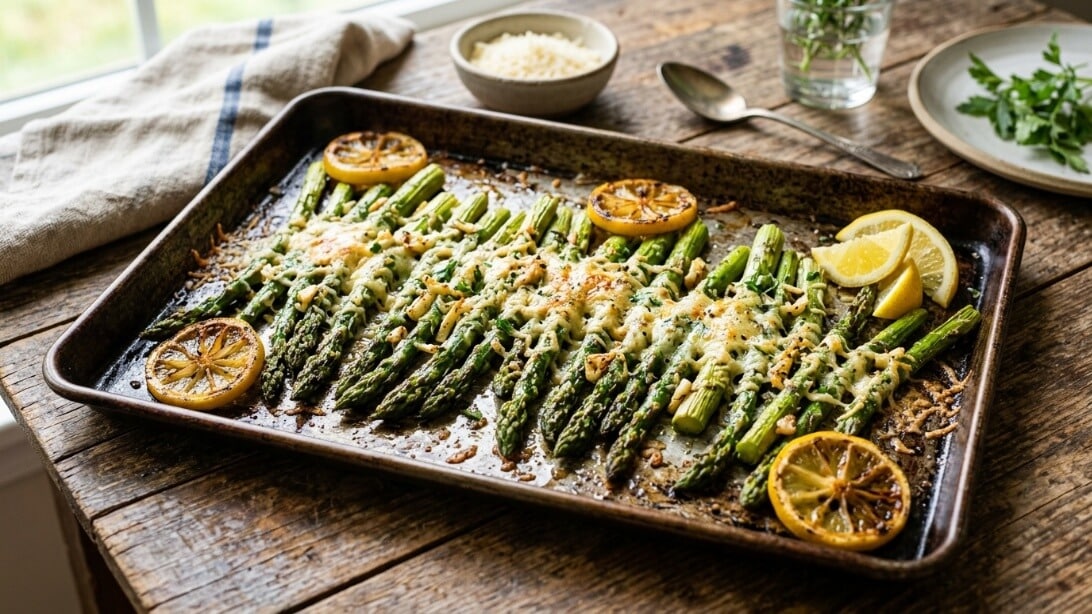 Crispy garlic parmesan asparagus spears lined up on a dark baking sheet topped with melted cheese