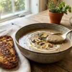 A rustic ceramic bowl filled with cream of mushroom soup garnished with cream, seared mushrooms, and thyme next to toasted bread.