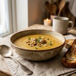 A rustic ceramic bowl filled with creamy roasted chestnut soup garnished with fresh herbs and a drizzle of olive oil.