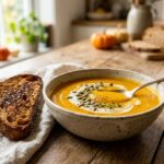 A rustic ceramic bowl filled with creamy roasted pumpkin soup garnished with coconut milk and pumpkin seeds.