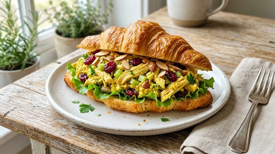 Curried chicken salad sandwich on a croissant showing creamy golden filling and lettuce.