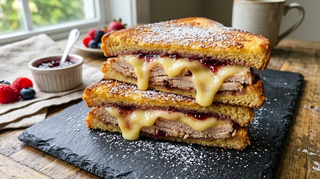 Turkey brie monte cristo sandwich cut diagonally on a cutting board showing melted cheese.